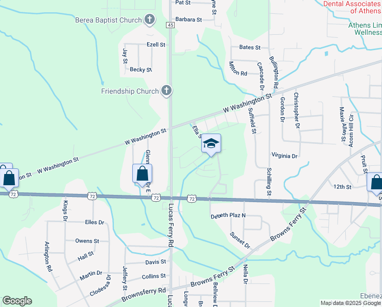 map of restaurants, bars, coffee shops, grocery stores, and more near 16208-16230 Lucas Ferry Road in Athens