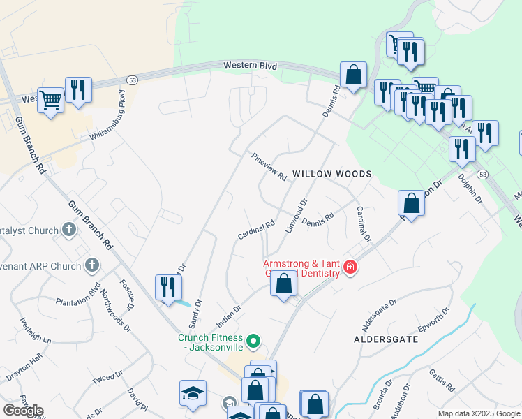 map of restaurants, bars, coffee shops, grocery stores, and more near 605 Dennis Road in Jacksonville