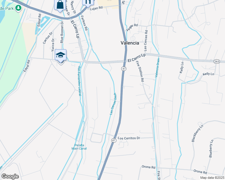 map of restaurants, bars, coffee shops, grocery stores, and more near 16 Carlitos Lane in Los Lunas