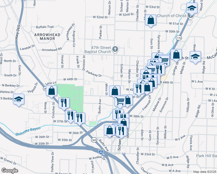 map of restaurants, bars, coffee shops, grocery stores, and more near 4208 Moss Street in North Little Rock