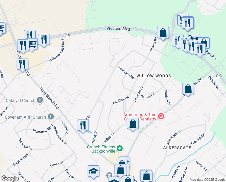 map of restaurants, bars, coffee shops, grocery stores, and more near 111 Arthur Court in Jacksonville