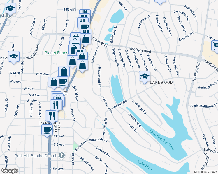 map of restaurants, bars, coffee shops, grocery stores, and more near 4107 Lakeshore Drive in North Little Rock