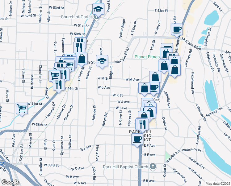 map of restaurants, bars, coffee shops, grocery stores, and more near 407 West K Street in North Little Rock
