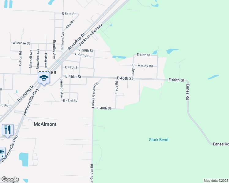 map of restaurants, bars, coffee shops, grocery stores, and more near 409 Freda Road in North Little Rock