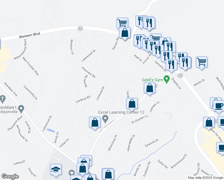 map of restaurants, bars, coffee shops, grocery stores, and more near 203 North Willow Lane in Jacksonville