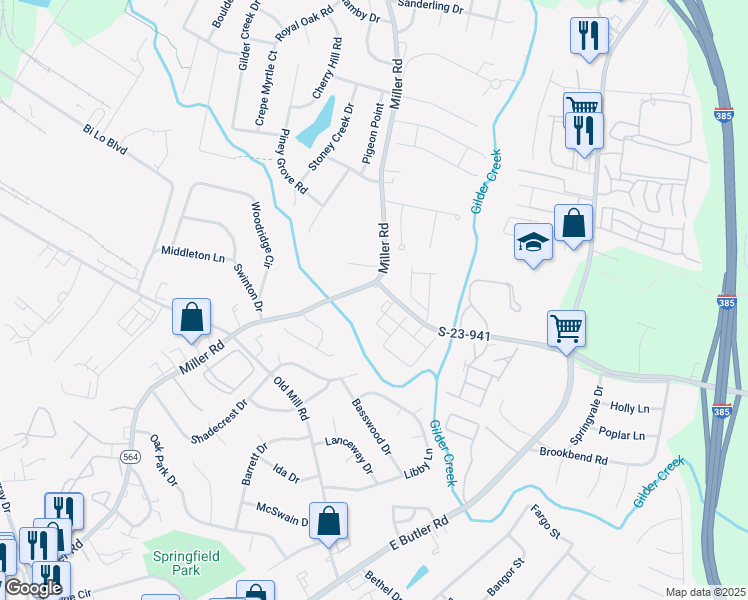 map of restaurants, bars, coffee shops, grocery stores, and more near 530 Miller Road in Greenville