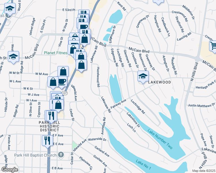 map of restaurants, bars, coffee shops, grocery stores, and more near 4107 Lakeshore Drive in North Little Rock