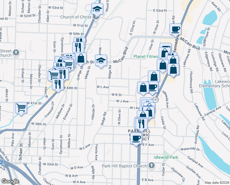 map of restaurants, bars, coffee shops, grocery stores, and more near 401 West K Street in North Little Rock