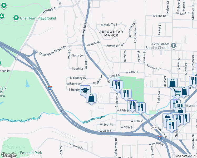 map of restaurants, bars, coffee shops, grocery stores, and more near 2022 Virginia Drive in North Little Rock