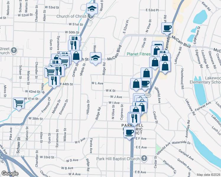 map of restaurants, bars, coffee shops, grocery stores, and more near 401 West K Street in North Little Rock