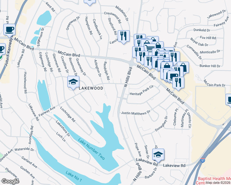 map of restaurants, bars, coffee shops, grocery stores, and more near 7 East Lake Drive in North Little Rock