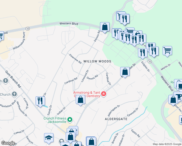 map of restaurants, bars, coffee shops, grocery stores, and more near 200 North Willow Lane in Jacksonville
