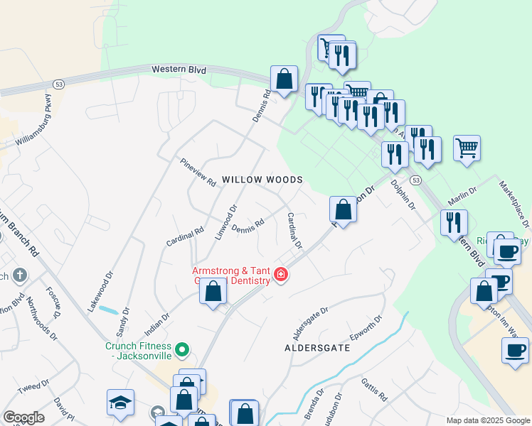 map of restaurants, bars, coffee shops, grocery stores, and more near 400 Dennis Road in Jacksonville
