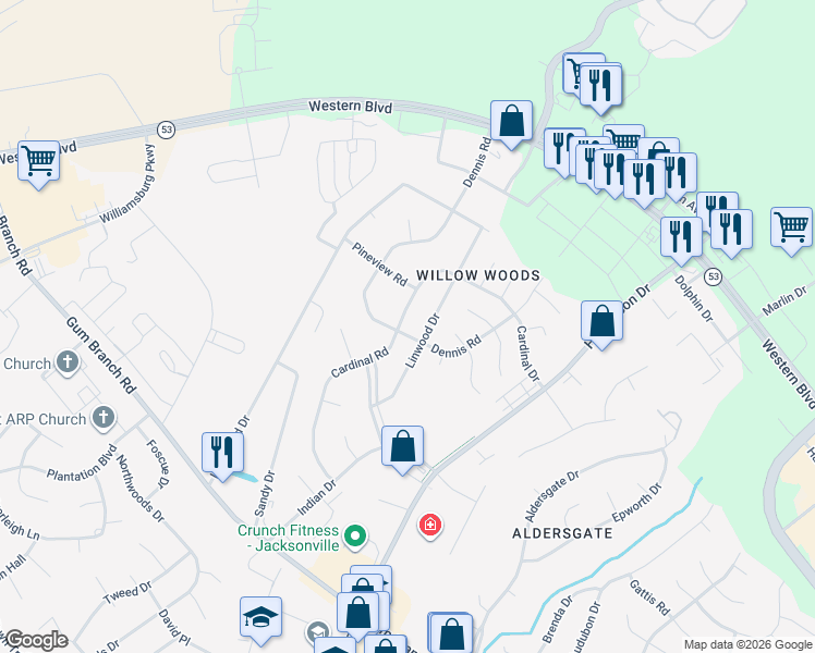 map of restaurants, bars, coffee shops, grocery stores, and more near 300 Cardinal Road in Jacksonville