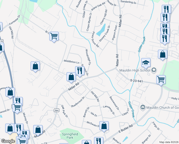 map of restaurants, bars, coffee shops, grocery stores, and more near 104 Swinton Drive in Greenville