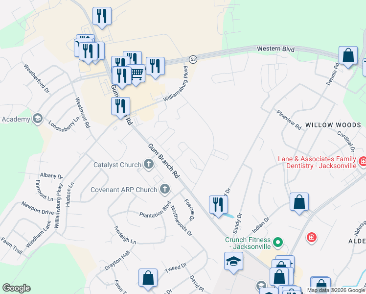 map of restaurants, bars, coffee shops, grocery stores, and more near 600 Community Drive in Jacksonville