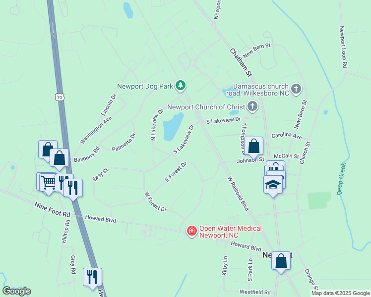 map of restaurants, bars, coffee shops, grocery stores, and more near 2309 South Lakeview Drive in Newport