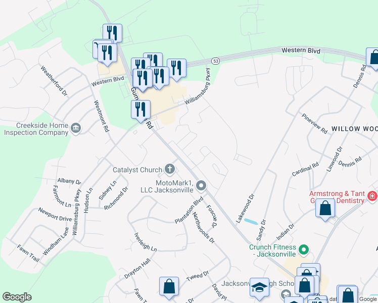 map of restaurants, bars, coffee shops, grocery stores, and more near 1007 Ornate Drive in Jacksonville
