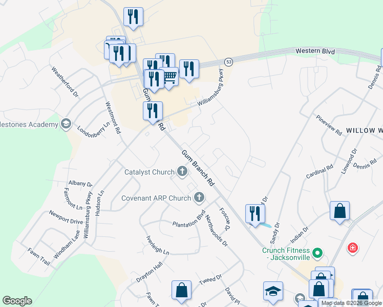 map of restaurants, bars, coffee shops, grocery stores, and more near 1000 Banister Loop in Jacksonville