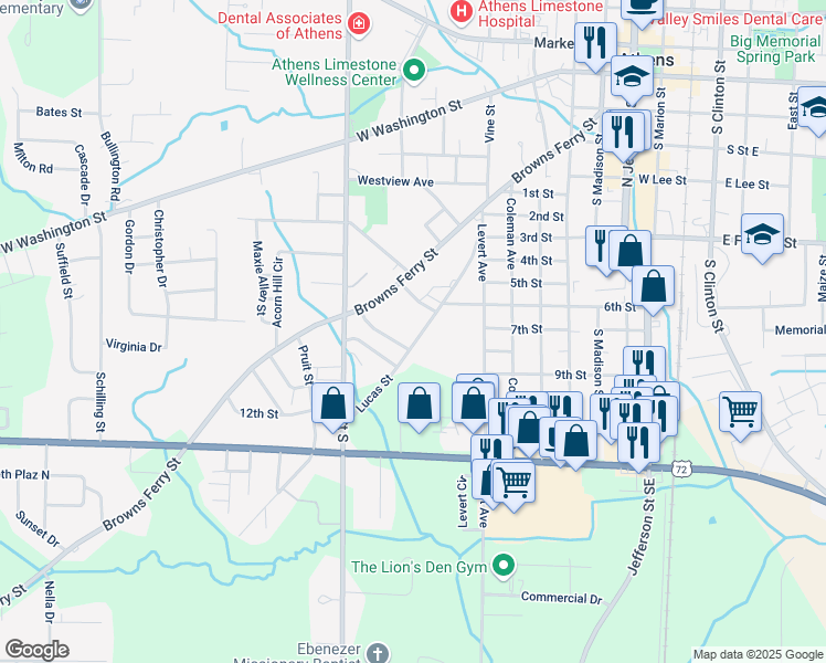 map of restaurants, bars, coffee shops, grocery stores, and more near 912 Lucas Street in Athens