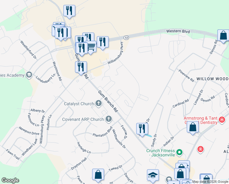 map of restaurants, bars, coffee shops, grocery stores, and more near 600 Community Drive in Jacksonville