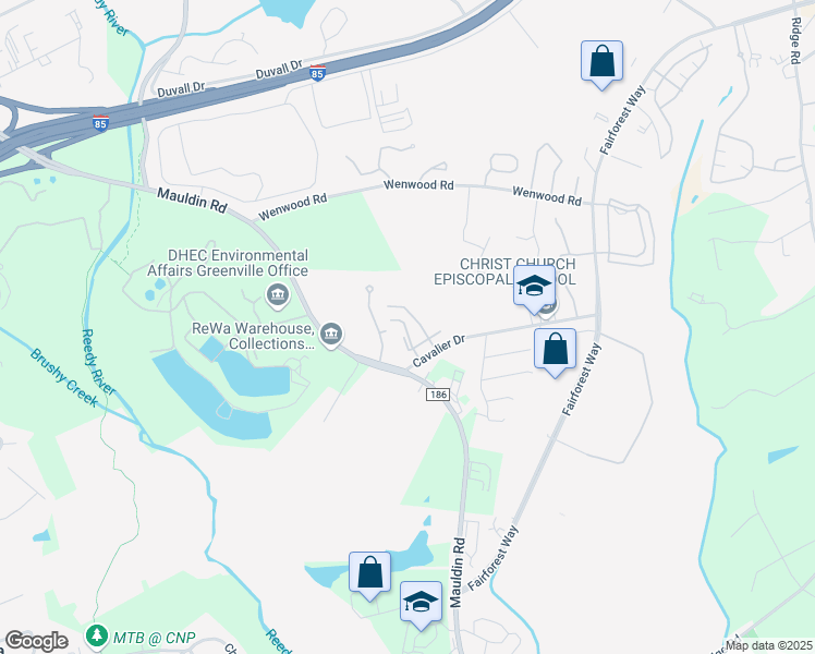 map of restaurants, bars, coffee shops, grocery stores, and more near 105 Cavalier Drive in Greenville