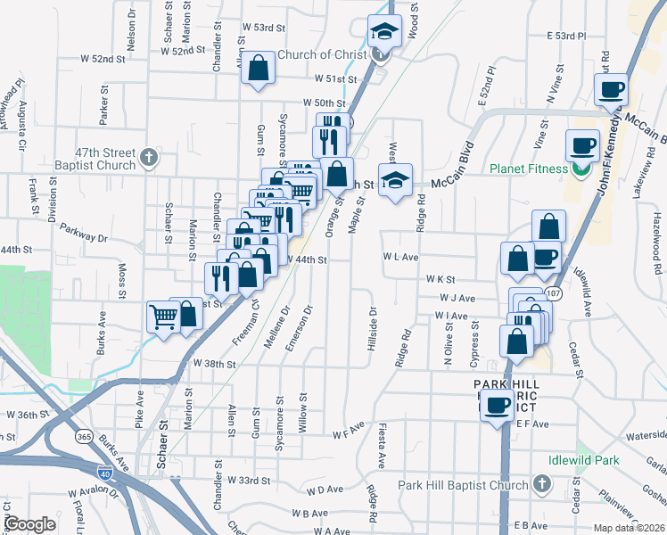 map of restaurants, bars, coffee shops, grocery stores, and more near 4313 Maple Street in North Little Rock