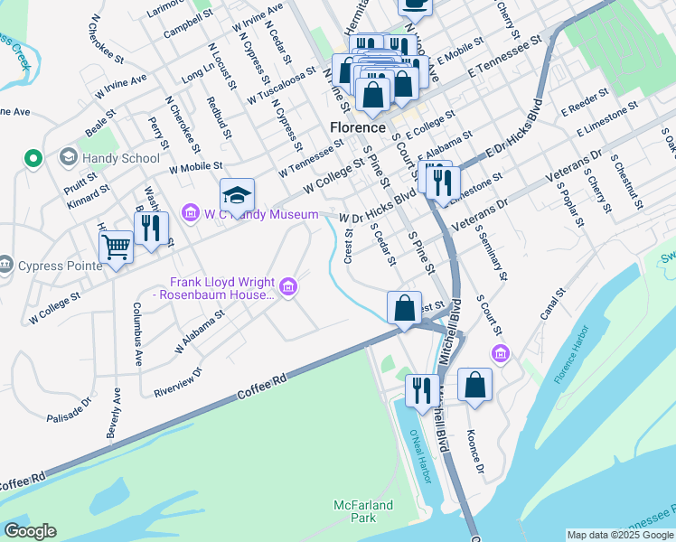map of restaurants, bars, coffee shops, grocery stores, and more near 524 Crest Street in Florence