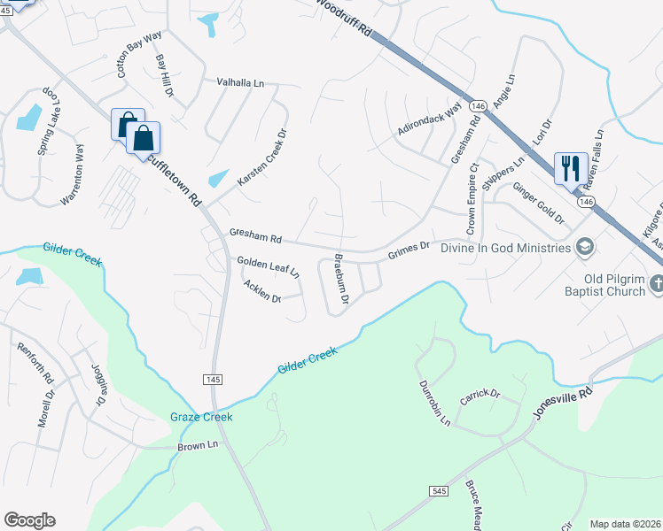 map of restaurants, bars, coffee shops, grocery stores, and more near 4 Braeburn Drive in Simpsonville