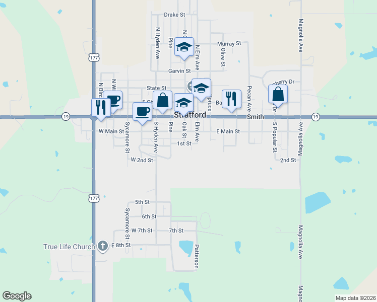 map of restaurants, bars, coffee shops, grocery stores, and more near 207 Oak in Stratford