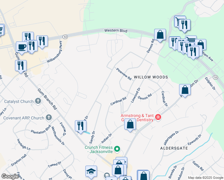 map of restaurants, bars, coffee shops, grocery stores, and more near 111 Arthur Court in Jacksonville