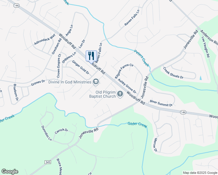 map of restaurants, bars, coffee shops, grocery stores, and more near 103 Granary Drive in Simpsonville