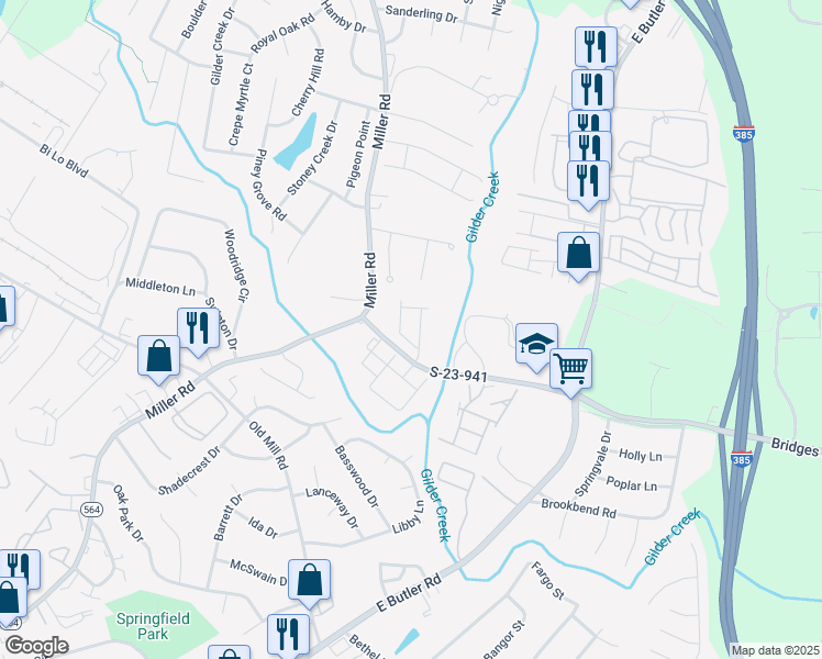 map of restaurants, bars, coffee shops, grocery stores, and more near 100 Parkland Drive in Greenville