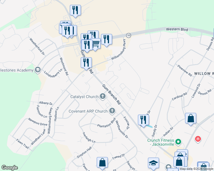 map of restaurants, bars, coffee shops, grocery stores, and more near 5009 Grandeur Avenue in Jacksonville