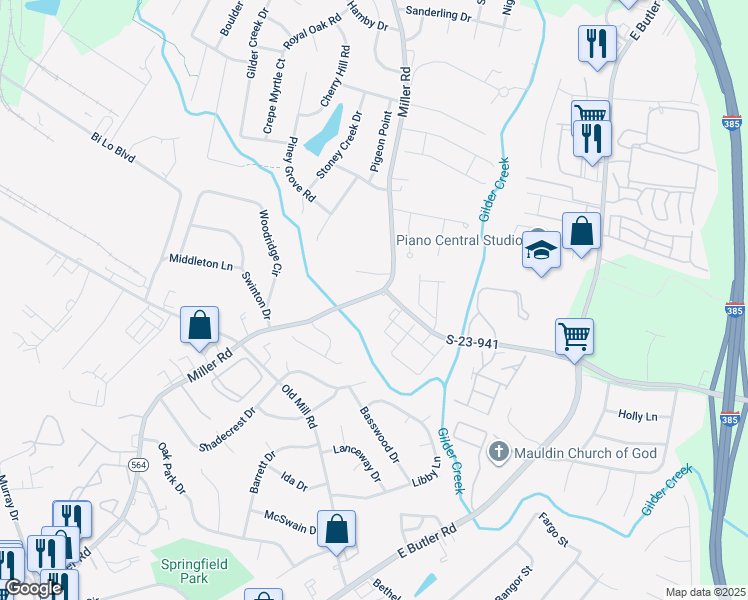 map of restaurants, bars, coffee shops, grocery stores, and more near 530 Miller Road in Greenville