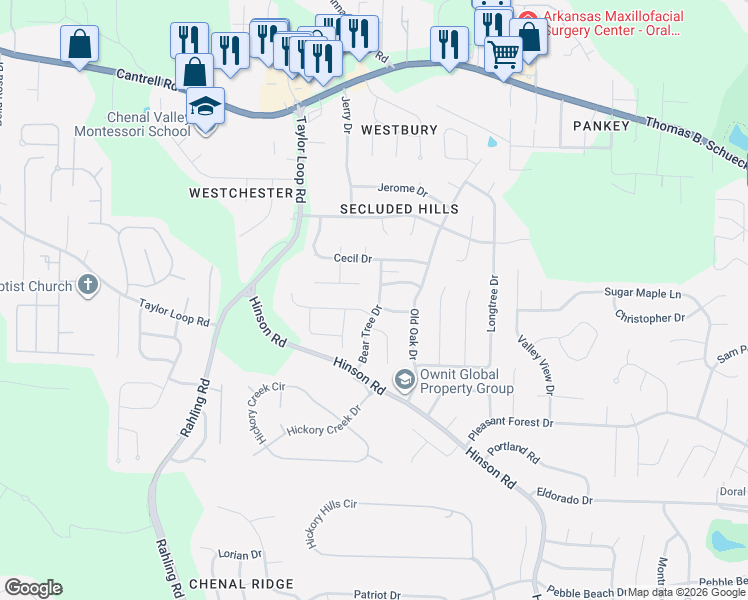 map of restaurants, bars, coffee shops, grocery stores, and more near 14412 Charwick Drive in Little Rock