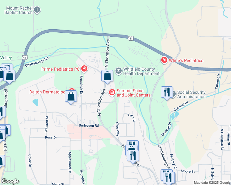 map of restaurants, bars, coffee shops, grocery stores, and more near 1428 Cleo Way in Dalton