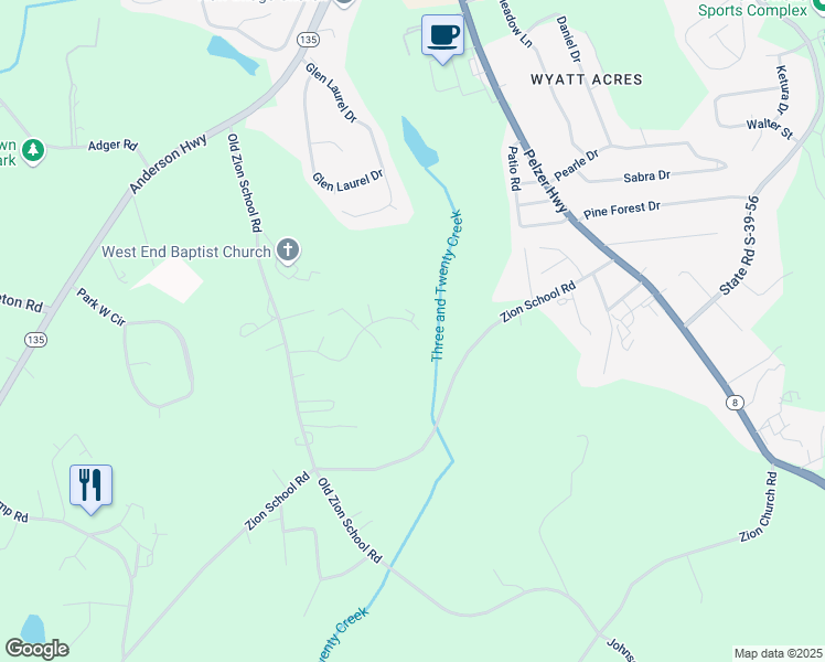 map of restaurants, bars, coffee shops, grocery stores, and more near 324 Apple Hill Road in Easley