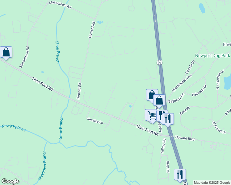 map of restaurants, bars, coffee shops, grocery stores, and more near 172 Gray Squirrel Lane in Newport