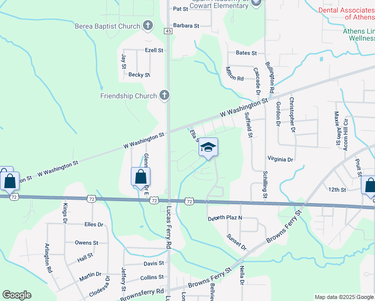 map of restaurants, bars, coffee shops, grocery stores, and more near 16208-16230 Lucas Ferry Road in Athens
