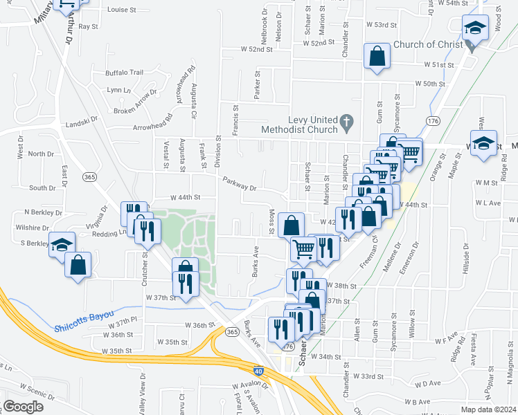 map of restaurants, bars, coffee shops, grocery stores, and more near 1216 West 43rd Street in North Little Rock