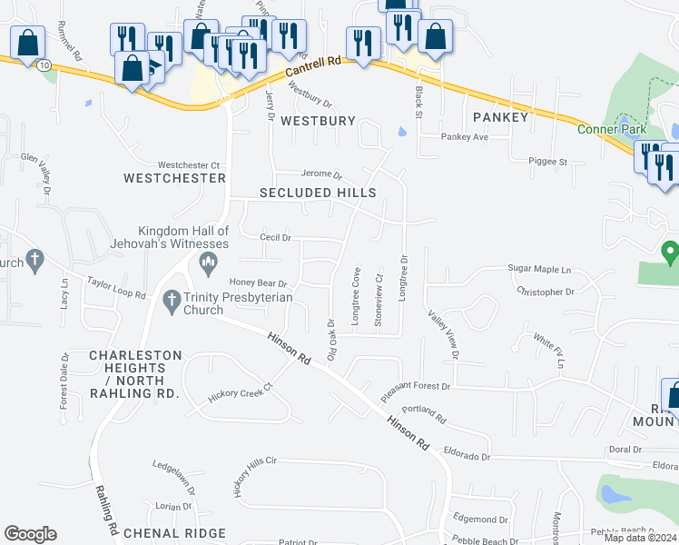 map of restaurants, bars, coffee shops, grocery stores, and more near 4307 Old Oak Drive in Little Rock