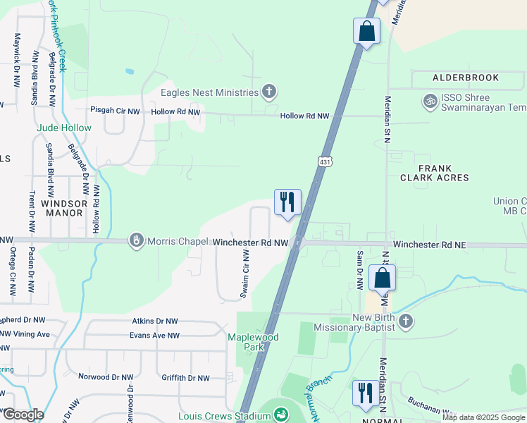 map of restaurants, bars, coffee shops, grocery stores, and more near 5203 Normal Heights Circle Northwest in Huntsville