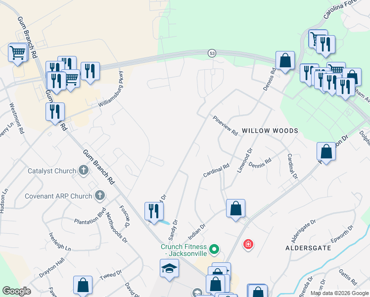 map of restaurants, bars, coffee shops, grocery stores, and more near 220 Lakewood Drive in Jacksonville
