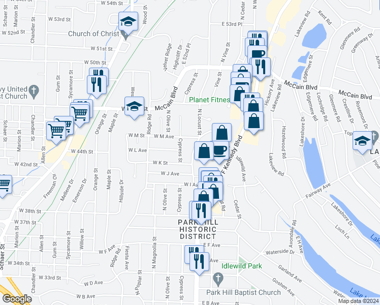 map of restaurants, bars, coffee shops, grocery stores, and more near 4213 North Locust Street in North Little Rock