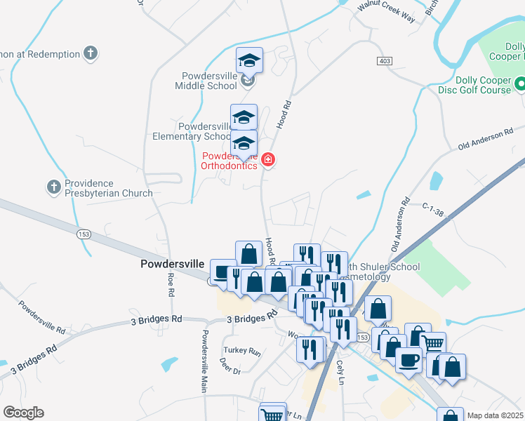 map of restaurants, bars, coffee shops, grocery stores, and more near 135 Hood Road in Greenville