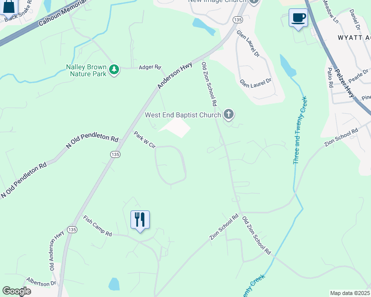 map of restaurants, bars, coffee shops, grocery stores, and more near 307 Park West Circle in Easley