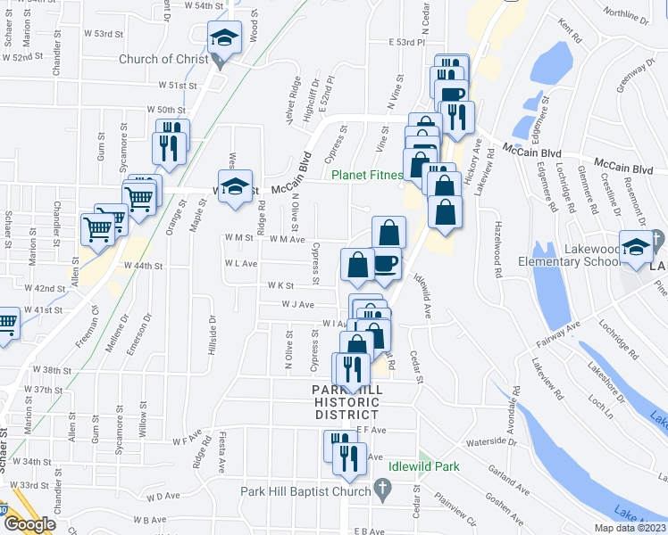 map of restaurants, bars, coffee shops, grocery stores, and more near 4215 North Locust Street in North Little Rock