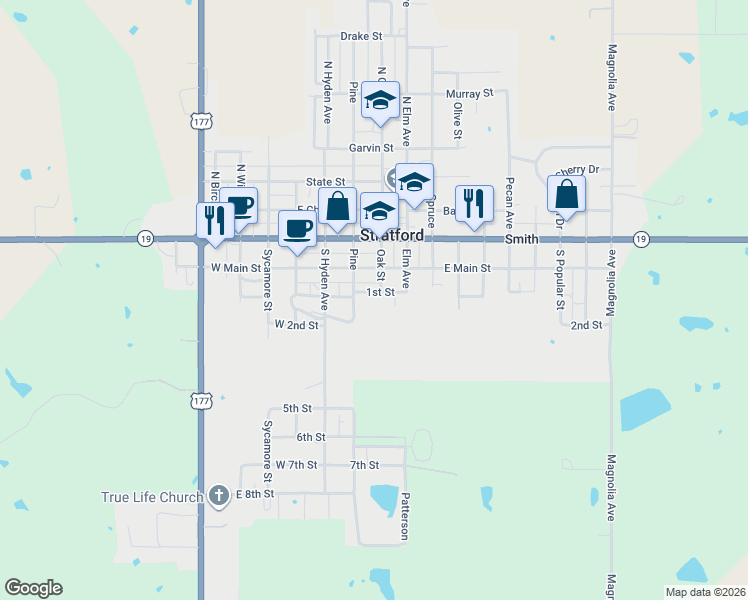 map of restaurants, bars, coffee shops, grocery stores, and more near 207 South Oak in Stratford