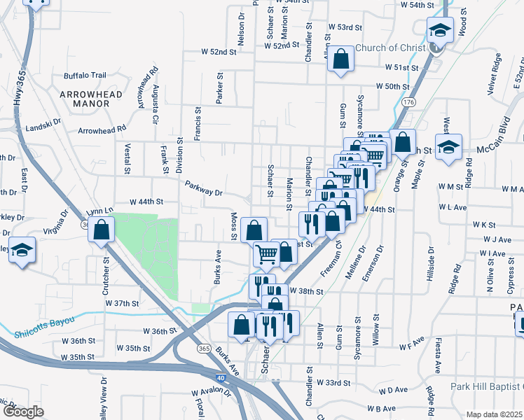 map of restaurants, bars, coffee shops, grocery stores, and more near 1016 West 44th Street in North Little Rock